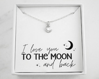 Tiny Moon Necklace - I Love You to the Moon and Back - CZ Crescent Moon Charm - 925 Sterling Silver Cubic Zirconia Necklace