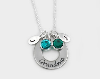 Personalized Grandma Necklace: Birthstone & Initial Charms, Sterling Silver and Stainless Steel
