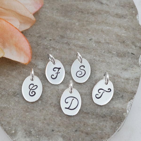 Handstamped Initial Charm in Script Font - Add on Personalized Oval Letter Charm, 925 Sterling Silver Charm, 14mm Alphabet Charms