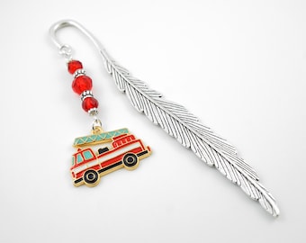 Fire Truck Bookmark: Enamel Fire Engine Charm Beaded Gift for Firefighters