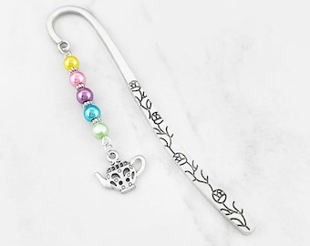 Teapot Bookmark, Alice in Wonderland Mad Hatter Gifts, Ornate Teapot Charm Bookmark, Silver Teacher Bookmark, Tea Stationary, Tea Gift Ideas