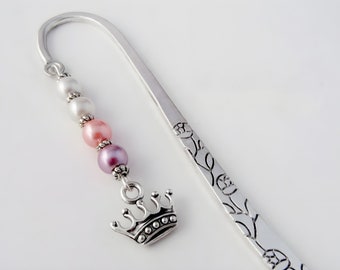 Princess Bookmark - Silver Crown Charm - Unique Beaded Bookmark - Tibetan Silver - Royal Crown Bookmark - Royal Gifts - Queen Bookmark