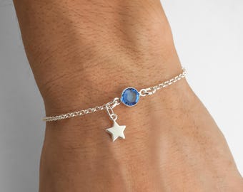 Star Birthstone Bracelet or Anklet - Personalized Birthstone Bracelet, 925 Sterling Silver Rolo Chain, Dainty Minimalist Star Charm Bracelet