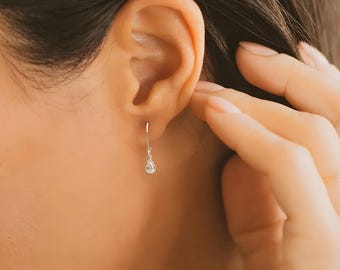 Tiny Teardrop Earrings - Minimalist Jewelry - Cubic Zirconia Tear Drop Charm Earrings - 925 Sterling Silver Earrings - Lever Back Earrings