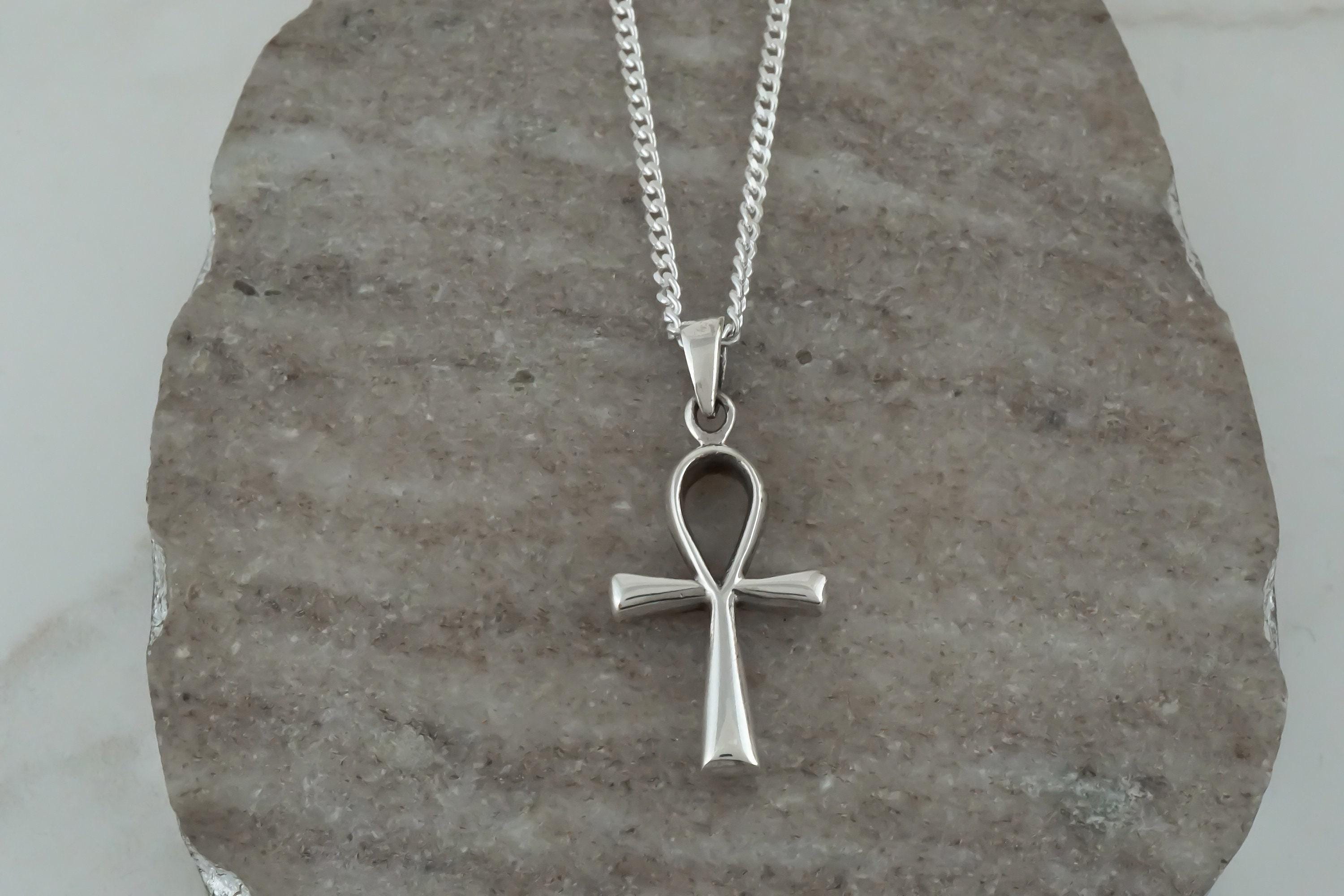 Men's 925 Sterling Silver Ankh Cross Pendant - Iced CZ Small Charm, High Polish, Gift Box Included