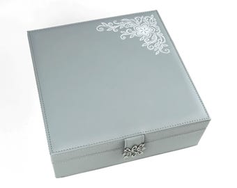 Gray Jewelry Box with Floral Filigree - Vegan Leather Jewelry Organizer Box for Girls and Women - Gray / Grey Jewelry Case - Jewelry Storage