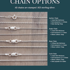a variety of chain options, including different types of chains such as anchor chains, snake chains, rope chains, and curb chains, all made of 925 sterling silver.