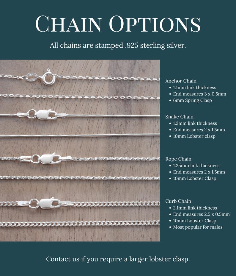 a variety of chain options, including different types of chains such as anchor chains, snake chains, rope chains, and curb chains, all made of 925 sterling silver.