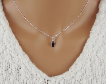 Small Black Onyx Marquise Necklace - Faceted Black Onyx Gemstone Charm - 925 Sterling Silver Necklace - Simple Gemstone Jewelry