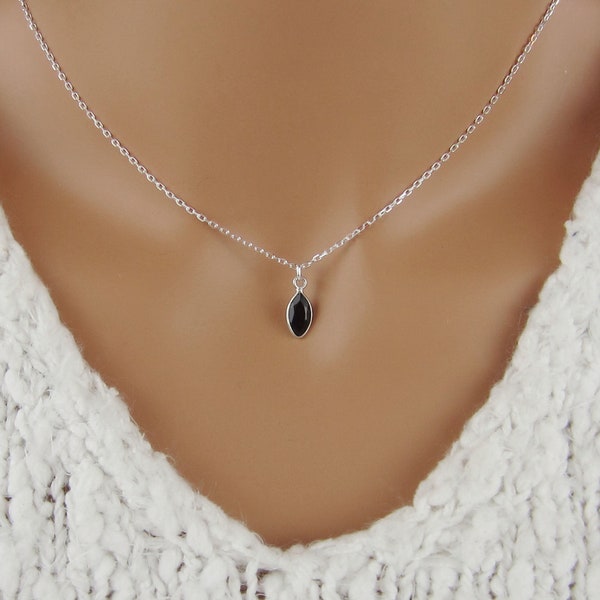 Small Black Onyx Marquise Necklace - Faceted Black Onyx Gemstone Charm - 925 Sterling Silver Necklace - Simple Gemstone Jewelry