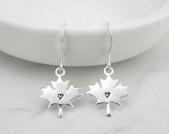 Maple Leaf Earrings with Handstamped Heart - 925 Sterling Silver Maple Leaf Jewelry - Canada Maple Leaf Charm Earrings - Canadian Earrings