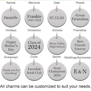 Personalized Round Charm Silver or Gold Stainless Steel Name Charm Laser Engraved Custom Name Date Logo Pendant Custom Word Charm Add on