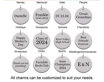Personalized Round Charm Silver or Gold Stainless Steel Name Charm Laser Engraved Custom Name Date Logo Pendant Custom Word Charm Add on