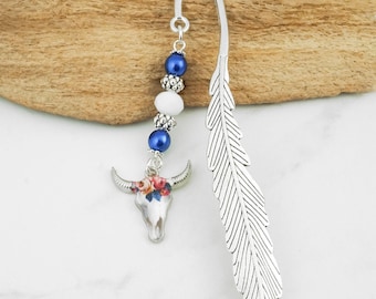Cow Skull Bookmark - Floral Bull Skull Charm Bookmark - Boho Bookmark - Book Lover Gift - Tibetan Silver Beaded Bookmark - Boho Gifts