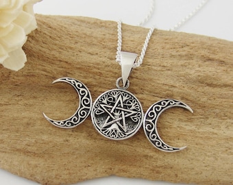 Sterling Silver Triple Moon Goddess Necklace: Witch's Pentacle Pendant