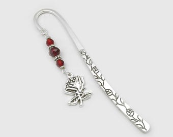 Rose Bookmark: Silver Flower Charm, Personalized Stationary Gift