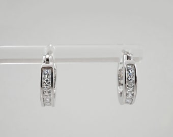 Round Cubic Zirconia Hoop Earrings - Small 925 Sterling Silver Hoops - Sparkly CZ Hoops - Fancy Round Hoop Earrings - 15mm or 3/5 inch
