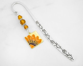 Sunflower Bookmark - Enamel Watercolor Sunflower Painting Charm Tibetan Silver Bookmark - Sun Flower Stationary - Teacher Gifts