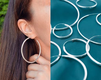 Sterling Silver Hoop Earrings - 12 Sizes - Round Endless Hoop Earrings - 3mm Thick Infinity Hoops - 25 mm to 80 mm | 1 inch to 3 1/5 inch