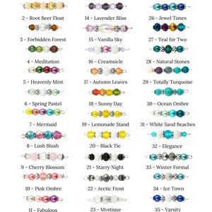 a collection of various beads, each with different colors and designs, arranged in rows and columns. The text indicates that there are two pages of beads, each with a different selection of beads. The colors of the beads may vary, and the text advises that colors may appear differently on the screen.