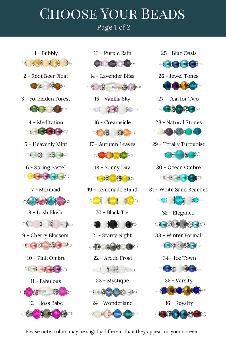 a collection of various beads, each with different colors and designs, arranged in rows and columns. The text indicates that there are two pages of beads, each with a different selection of beads. The colors of the beads may vary, and the text advises that colors may appear differently on the screen.