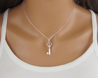 Key Necklace - 925 Sterling Silver - Plain Simple Key Jewelry - Reversible Key Pendant