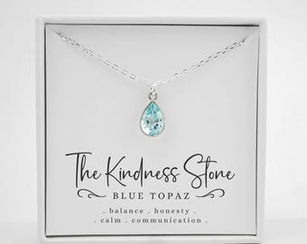 Blue Topaz Necklace - December Birthstone Necklace - Blue Topaz Teardop Charm Necklace - 925 Sterling Silver Jewelry - Kindness Gifts
