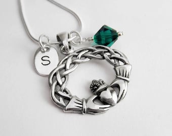 Sterling Silver Claddagh Necklace: Personalized Initial & Birthstone Pendant