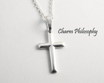 Sterling Silver Cross Necklace - Religious Jewelry - Simple Plain Silver Cross Pendant - 28mm - Unisex Jewelry - Men's Necklace