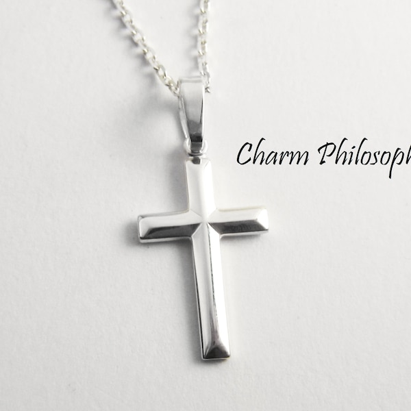 Sterling Silver Cross Necklace - Religious Jewelry - Simple Plain Silver Cross Pendant - 28mm - Unisex Jewelry - Men's Necklace