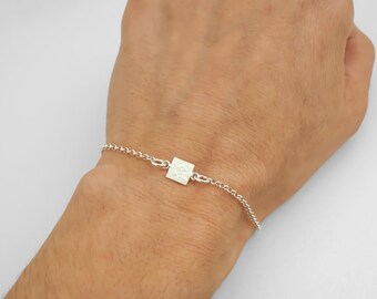 Hammered Silver Bracelet or Anklet - 925 Sterling Silver Jewelry - Minimalist Square Charm Bracelet - Hammered Jewelry - 2mm Rolo Chain