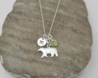 Sterling Silver Bear Necklace: Personalized Initial & Birthstone Charm