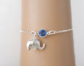 Elephant Bracelet or Anklet - Personalized Birthstone Bracelet - 925 Sterling Silver - Rolo Chain - Dainty Minimalist Bracelet