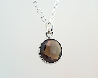 Smoky Quartz Necklace: Round 9mm Gemstone Charm, 925 Sterling Silver Jewelry