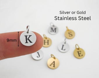 Add a Small Stainless Steel Initial Charm with Jump Ring - Silver or Gold Stainless Steel Letter - 9mm Round Alphabet Charms