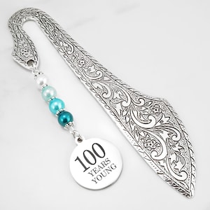 100th Birthday Gift - 100 Years Young Bookmark - Birthday Gift for Men or Women - Charm Beaded Bookmark - Metal Bookmark
