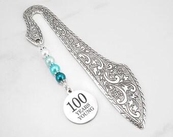 100th Birthday Gift - 100 Years Young Bookmark - Birthday Gift for Men or Women - Charm Beaded Bookmark - Metal Bookmark