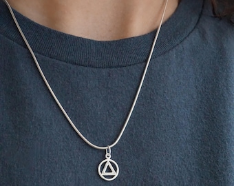 Tiny AA Symbol Necklace for Sobriety Gift for Men or Womens - Recovering Alcoholics Anonymous Charm Necklace 925 Sterling Silver Jewelry