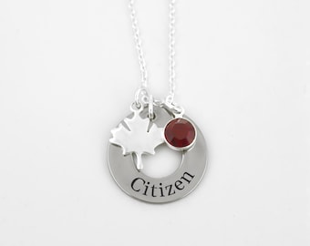 Canadian Citizenship Gift: Silver Maple Leaf Necklace with Engraved Personalized Name and Birthstone