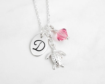 Personalized Sea Turtle Necklace: 925 Sterling Silver Jewelry, Handstamped Initial and Birthstone Charm