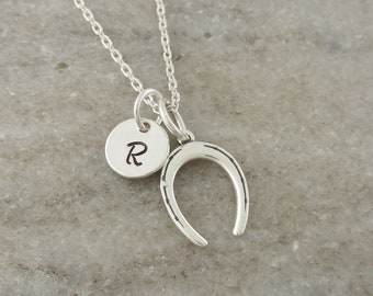 Petit collier fer à cheval - breloque initiale monogramme personnalisé - bijoux en argent sterling 925 - cadeau porte-bonheur