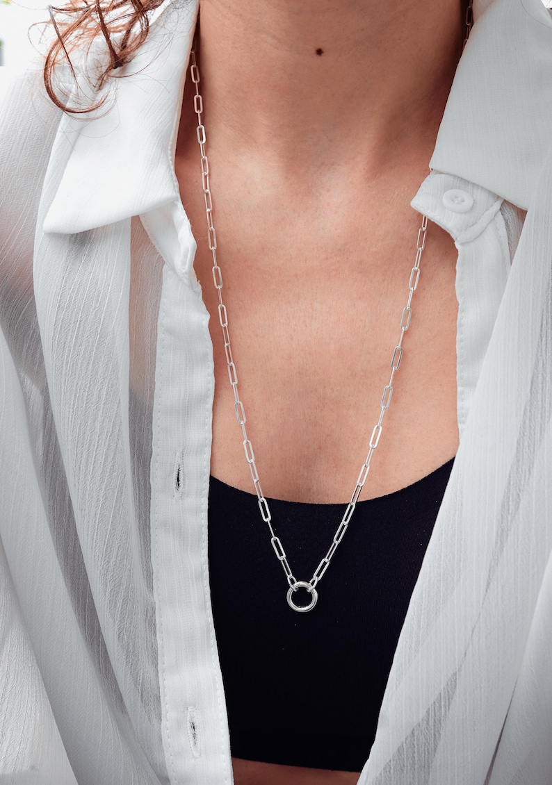 925 Sterling Silver Paperclip Chain Charm Holder Necklace - Hinge Clasp Charm Keeper Pendant image 6