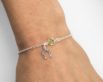 Horseshoe Birthstone Bracelet or Anklet: Dainty 925 Sterling Silver Good Luck Charm