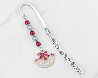 Cheshire Cat Bookmark - Tibetan Silver Metal Beaded Bookmark, Cheshire Cat Charm Bookmark - Alice in Wonderland Gifts, Cheshire Cat Gifts