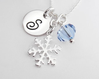 Personalized Snowflake Necklace - 925 Sterling Silver Snowflake Charm Necklace - Custom Initial and Birthstone Bead - Winter Wedding Jewelry