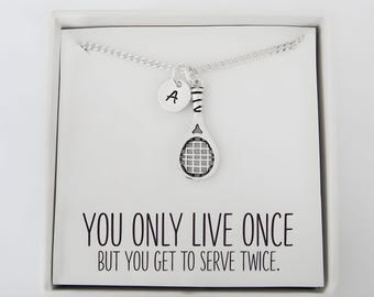 Sterling Silver Tennis Racket Necklace: Personalized Handstamped Initial Charm, You Only Live Once But You Get to Serve Twice