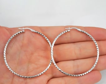 Diamond Cut Hoops - 925 Sterling Silver Jewelry - Silver Hoop Earrings - Round Silver Hoops with Clip Closure - 45mm | 1 4/5 inches