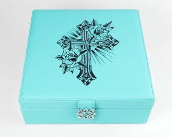Cross Jewelry Box - Vegan Leather Jewelry Box for Girls and Women - Turquoise Jewelry Organizer with Mirror, Light Blue Jewelry Storage Case
