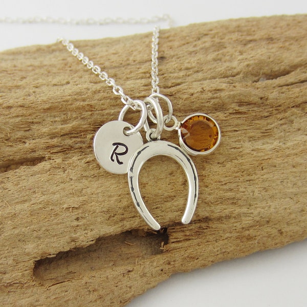 Small Horseshoe Necklace - Personalized Initial and Birthstone Charm - 925 Sterling Silver Jewelry - Good Luck Gift