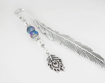 Peacock Feather Bookmark - Tibetan Silver Beaded Bookmark - Feather Charm Bookmark - Unique Bookmarks - Teacher Gifts - Peacock Gifts
